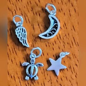 Set of 925 Solid Sterling Silver Charms /Pendant Moon, Angel Wings, Turtle, Star